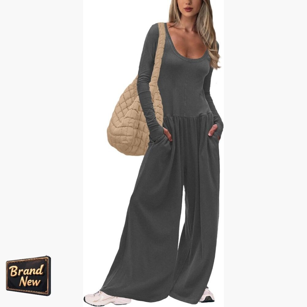 Long Sleeve Jumpsuit Wide Leg Pants Medium Rayon Spandex Casual Dressy